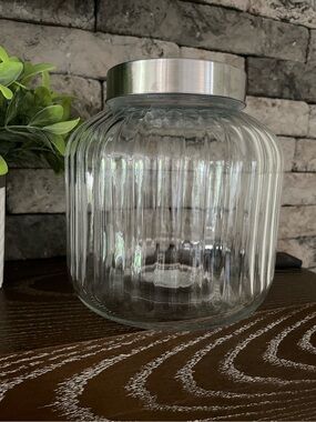 Large Ribbed Glass Storage Jar w/ Stainless Lid ~🆕~ Many Uses